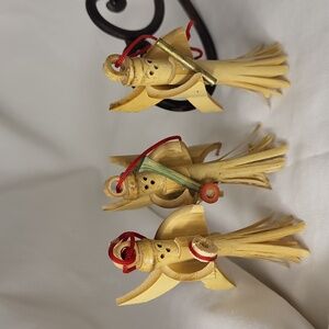 Vintage Bamboo Hand Carved Angels Christmas Ornaments Set of 3